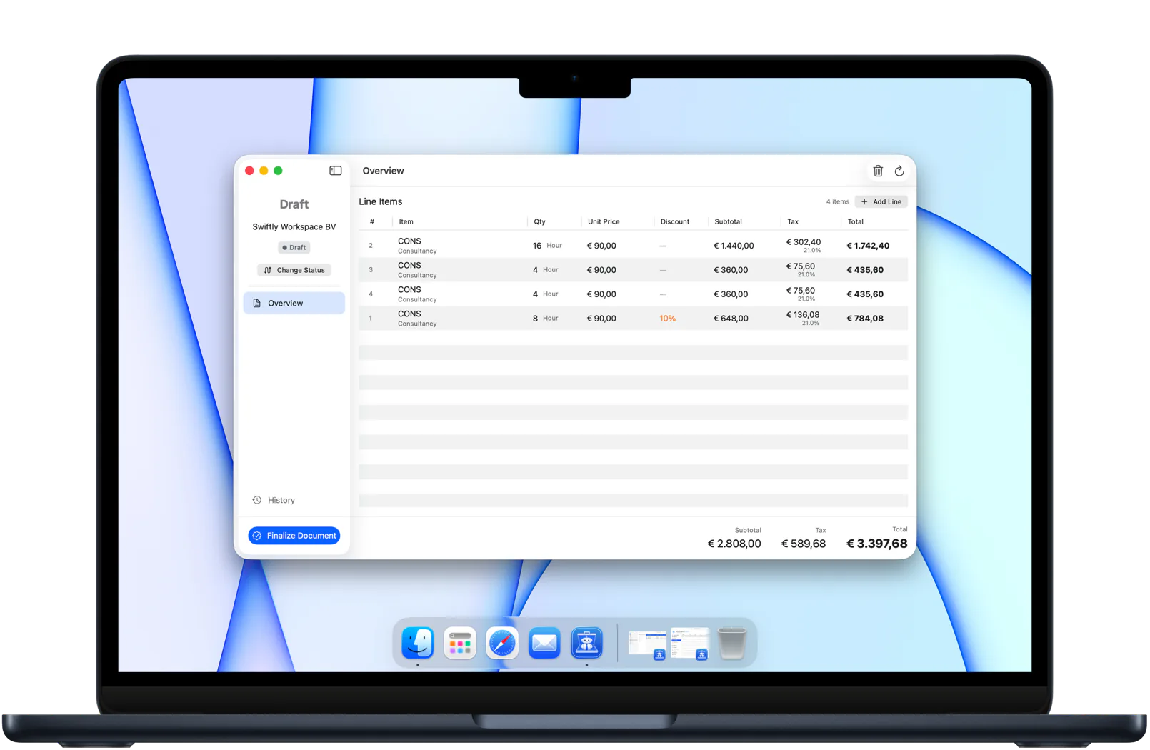 Swiftly Workspace on a Mac: a draft invoice with line items, quantities, unit prices, a discount, tax and totals